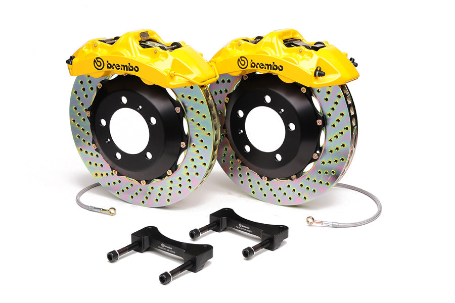 Brembo Gran Turismo 6 Piston Front Brake Kit Yellow Drilled Rotors - 2004-2017 Subaru STI / 2010-2012 Legacy GT/3.5R
